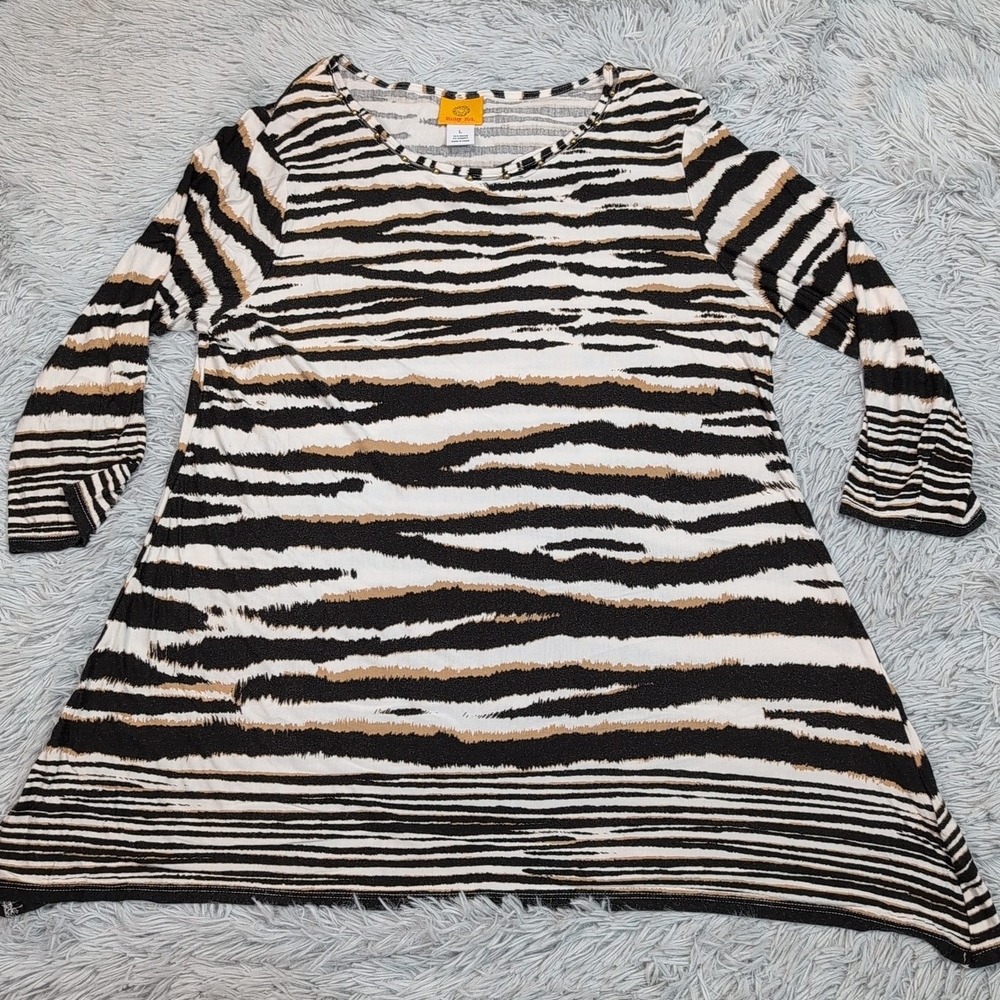 Ruby Rd. Shirt Womens L Black Animal Print Blouse Soft Tunic Top Stretch Comfort